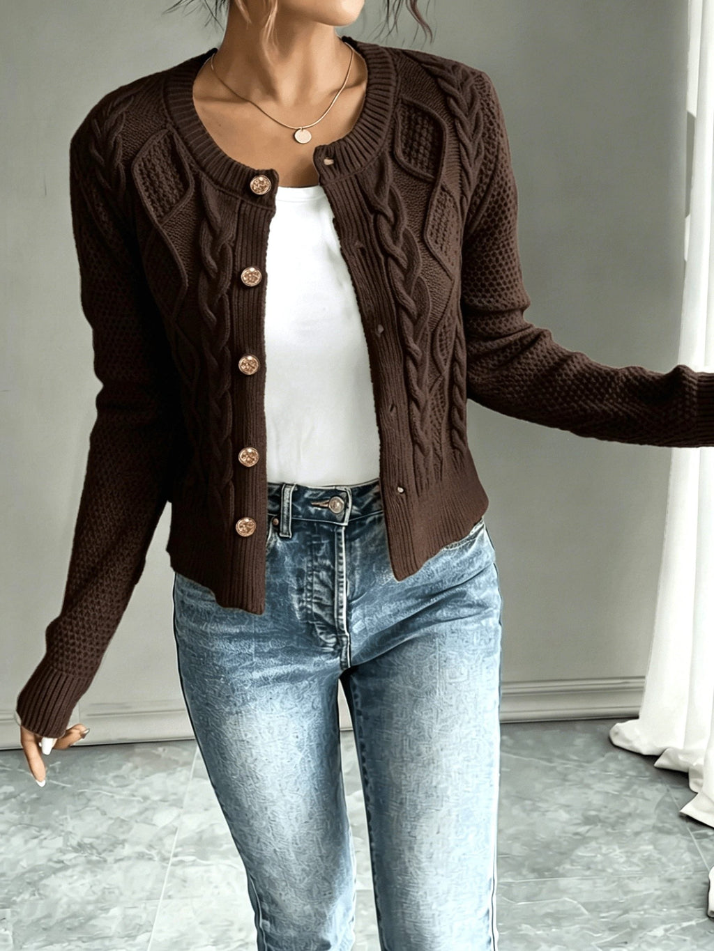 Women's Short Textured Cable Cardigan with Statement Buttons