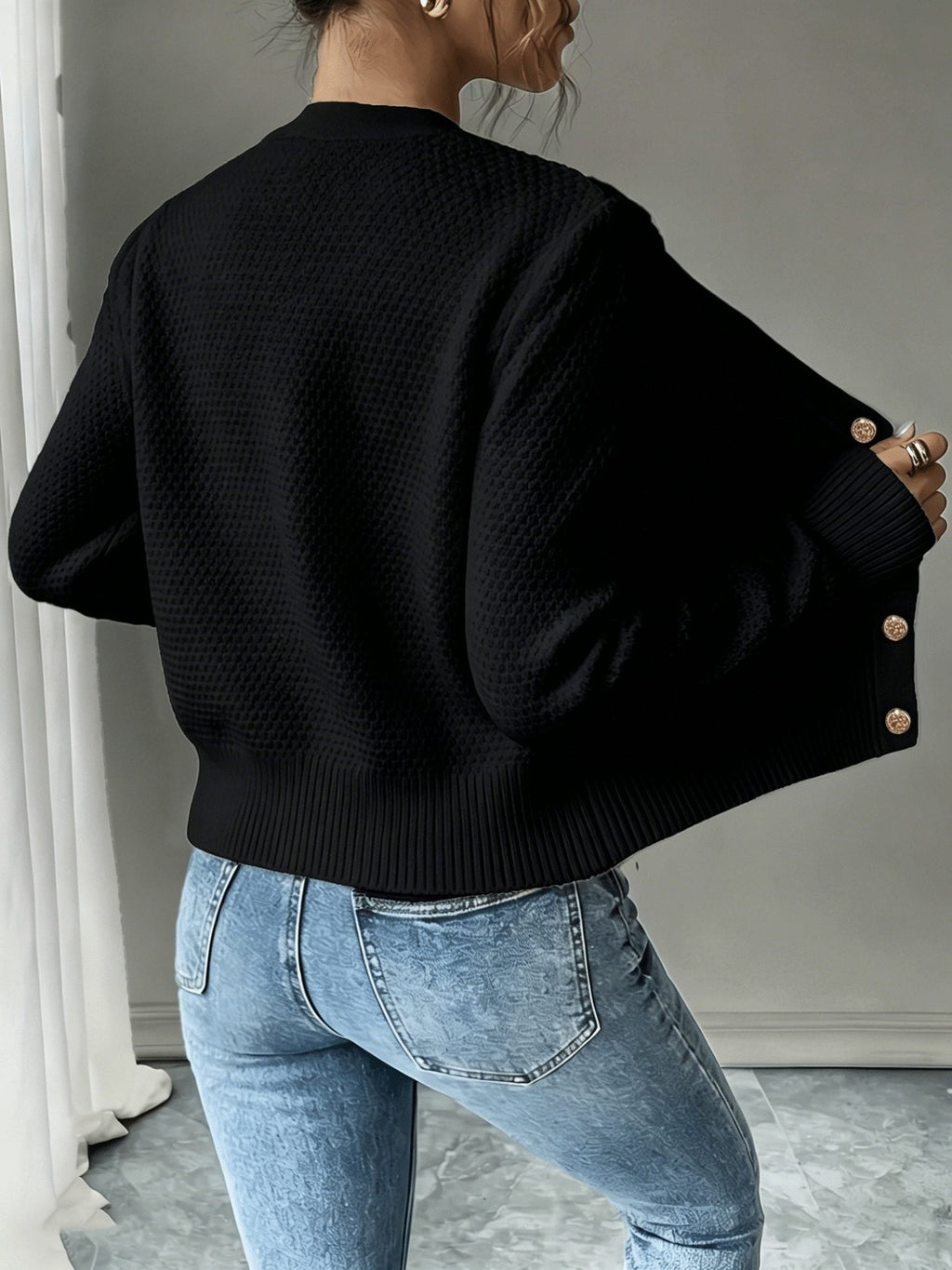 Women's Short Textured Cable Cardigan with Statement Buttons