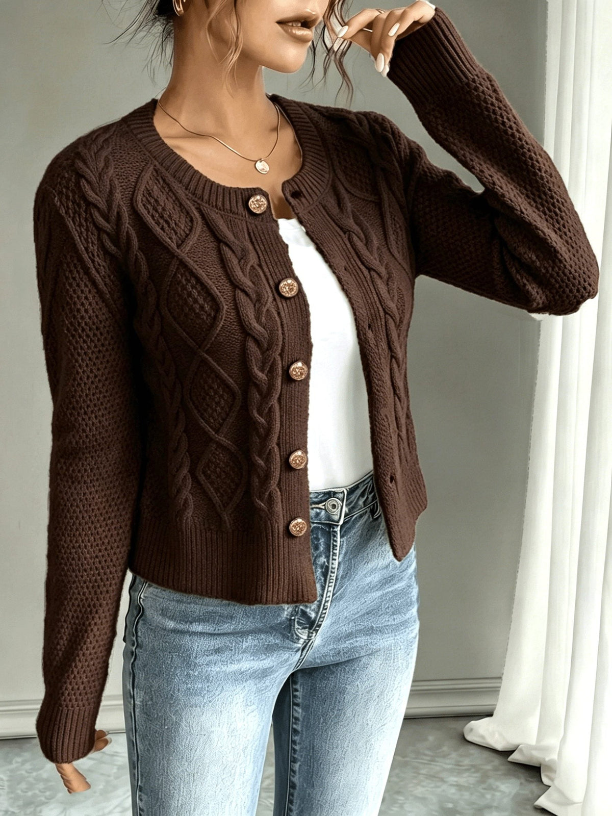 Women's Short Textured Cable Cardigan with Statement Buttons