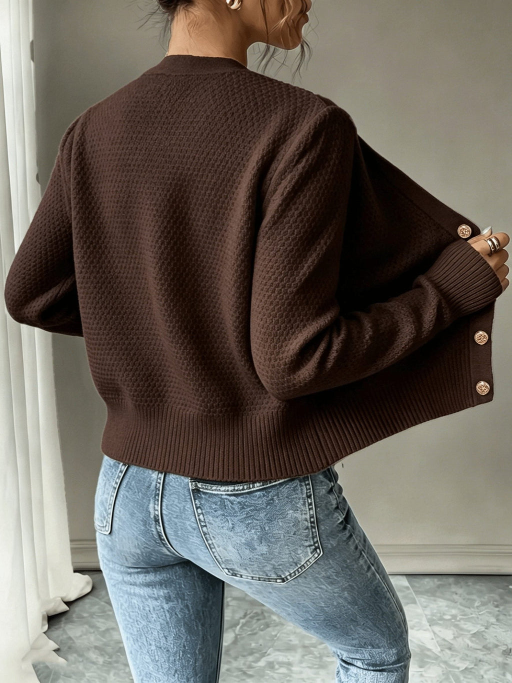 Women's Short Textured Cable Cardigan with Statement Buttons