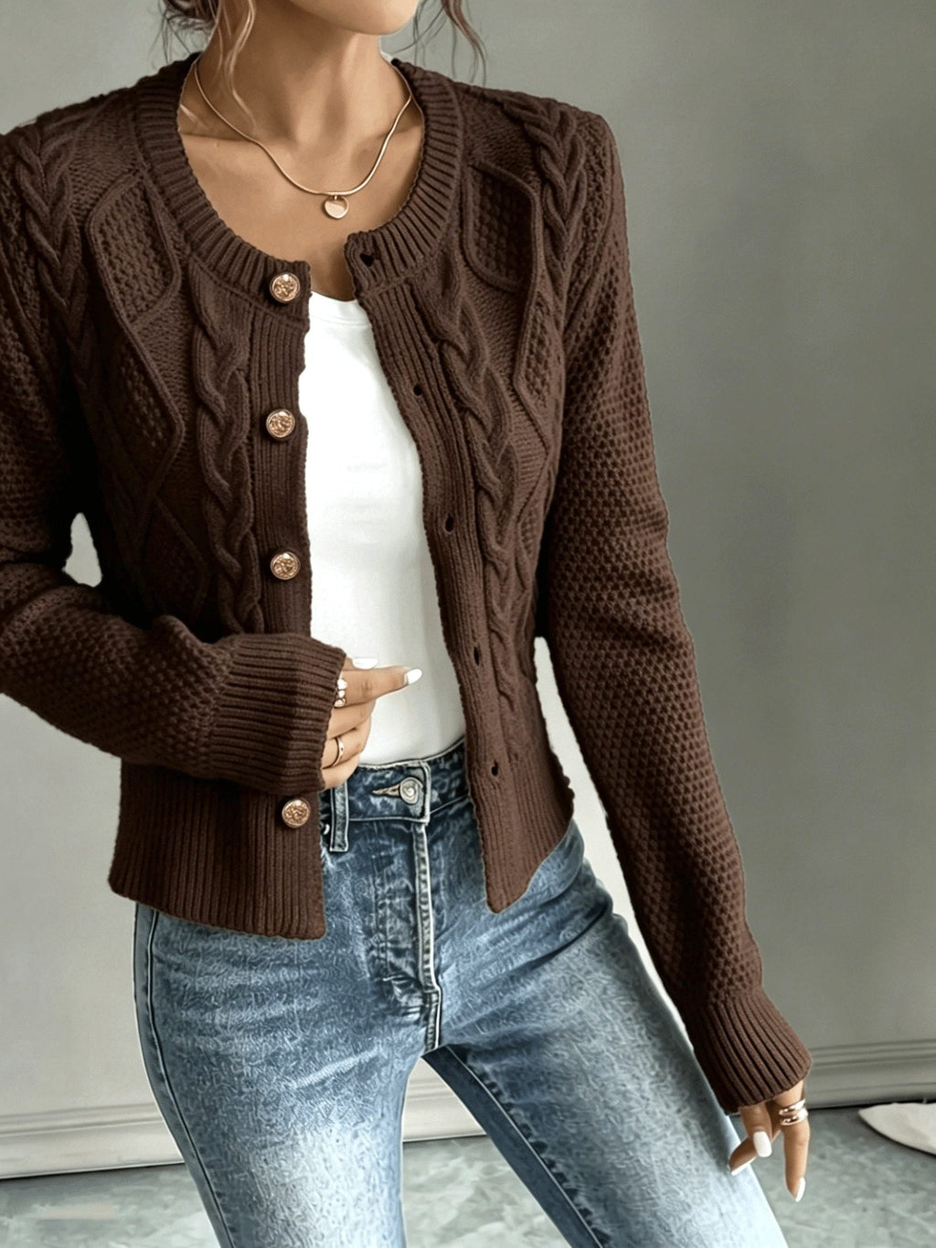 Women's Short Textured Cable Cardigan with Statement Buttons