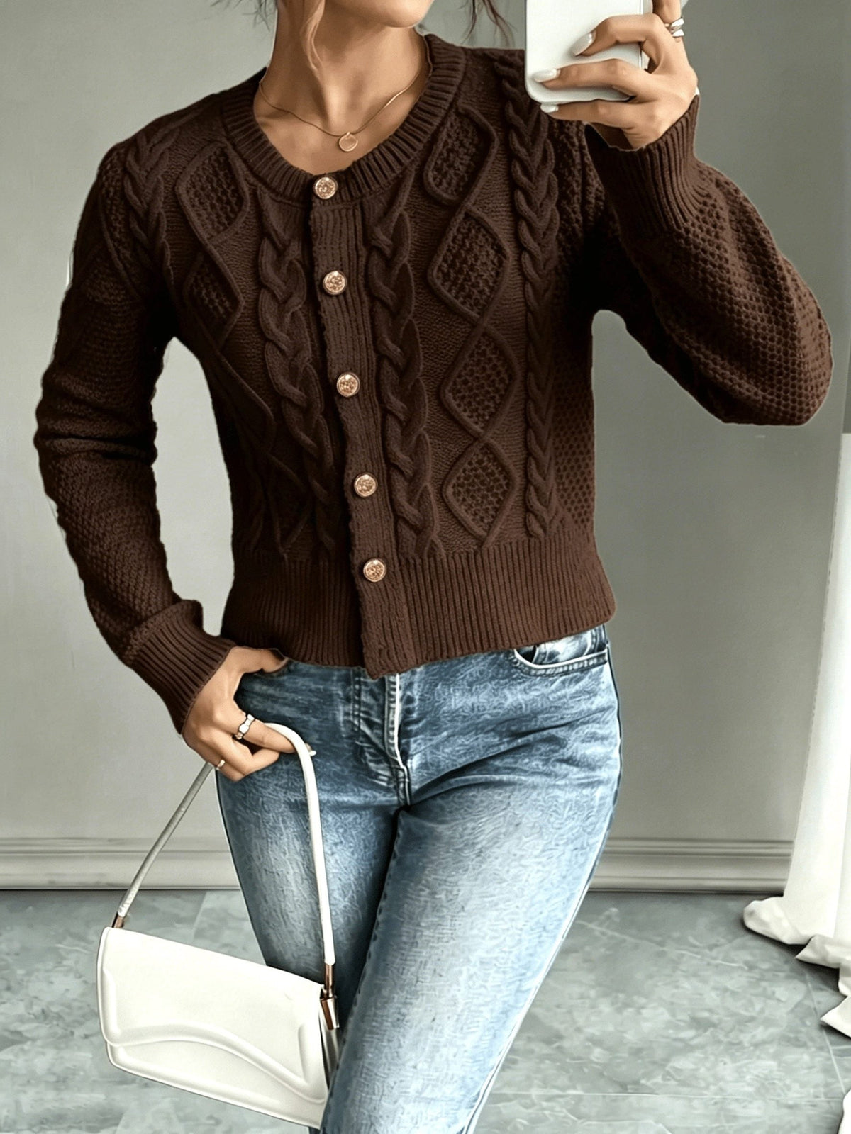 Women's Short Textured Cable Cardigan with Statement Buttons