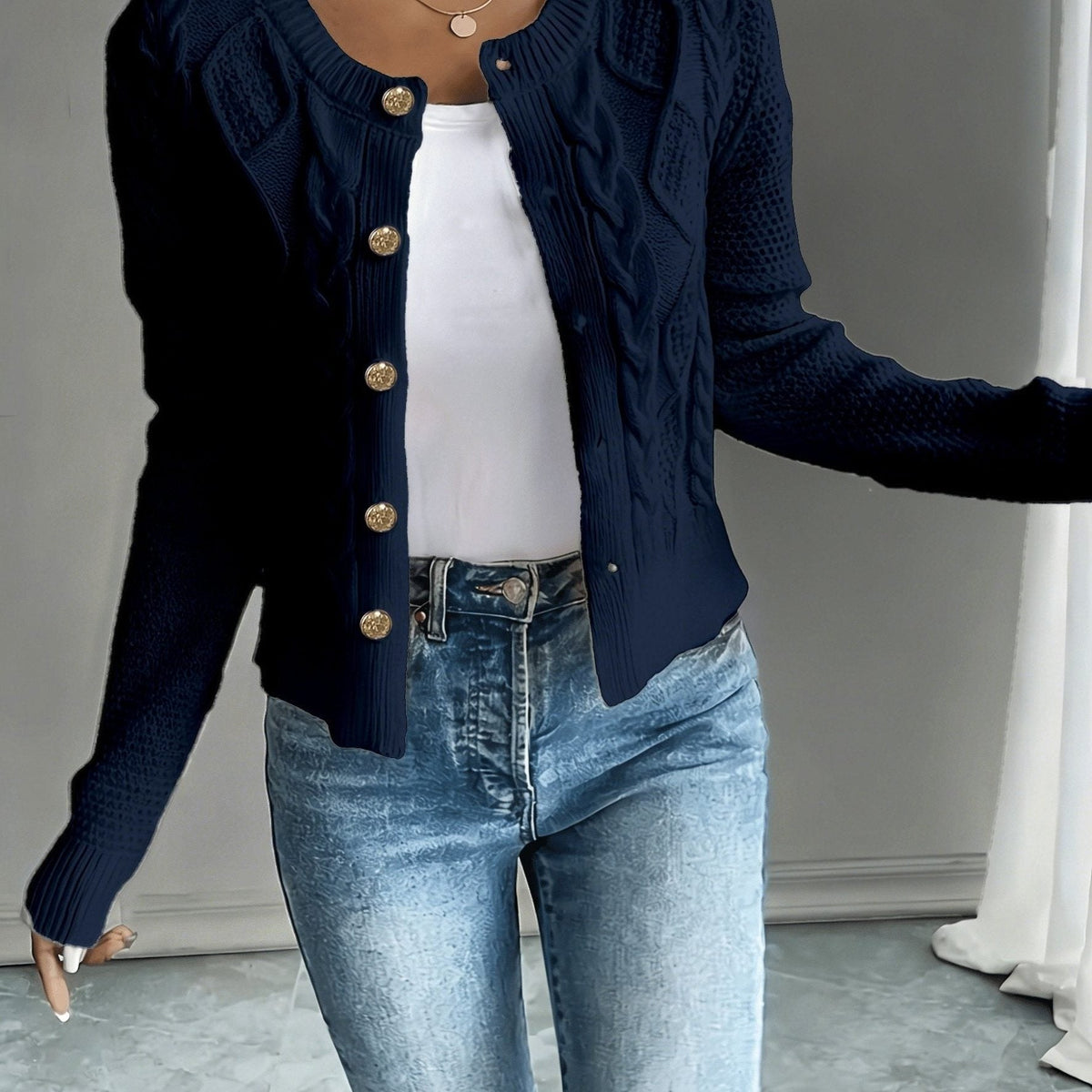 Women's Short Textured Cable Cardigan with Statement Buttons - Navy
