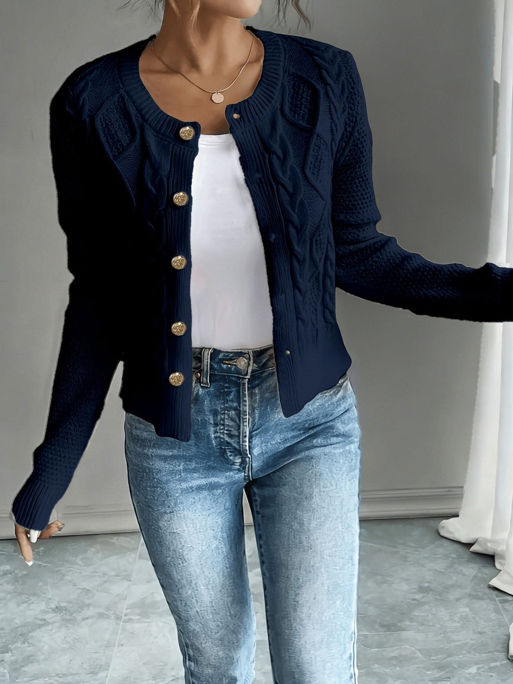 Women's Short Textured Cable Cardigan with Statement Buttons