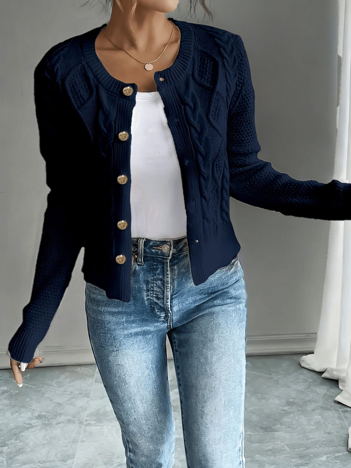 Women's Short Textured Cable Cardigan with Statement Buttons