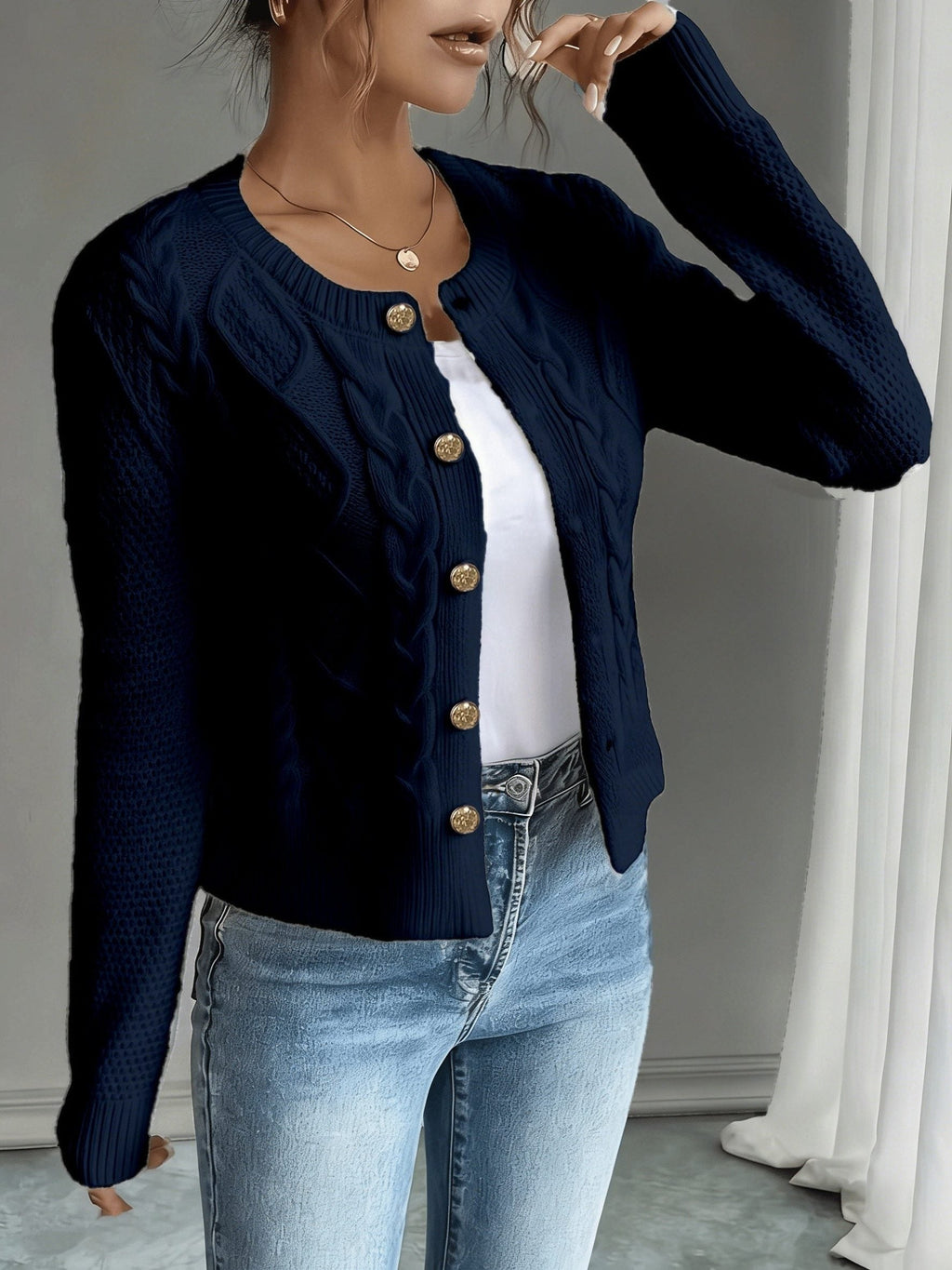 Women's Short Textured Cable Cardigan with Statement Buttons