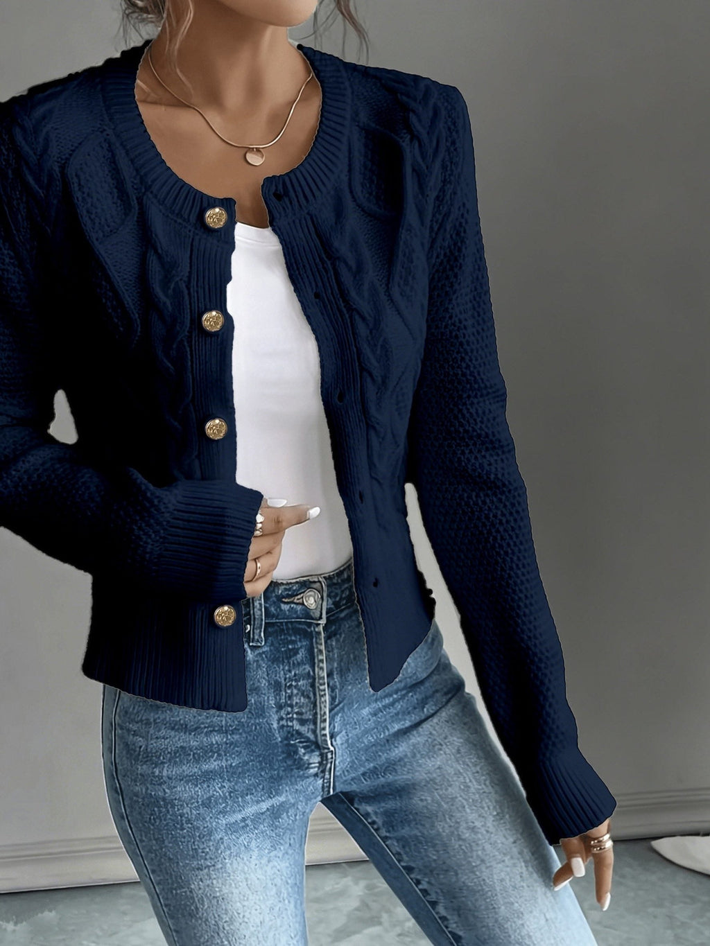 Women's Short Textured Cable Cardigan with Statement Buttons