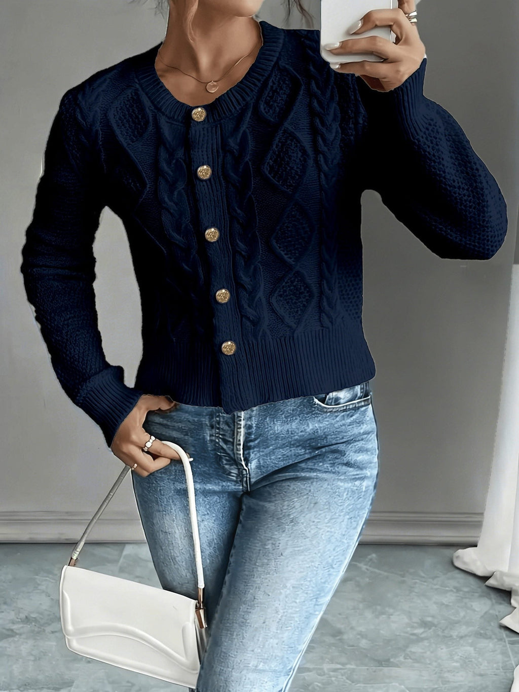 Women's Short Textured Cable Cardigan with Statement Buttons