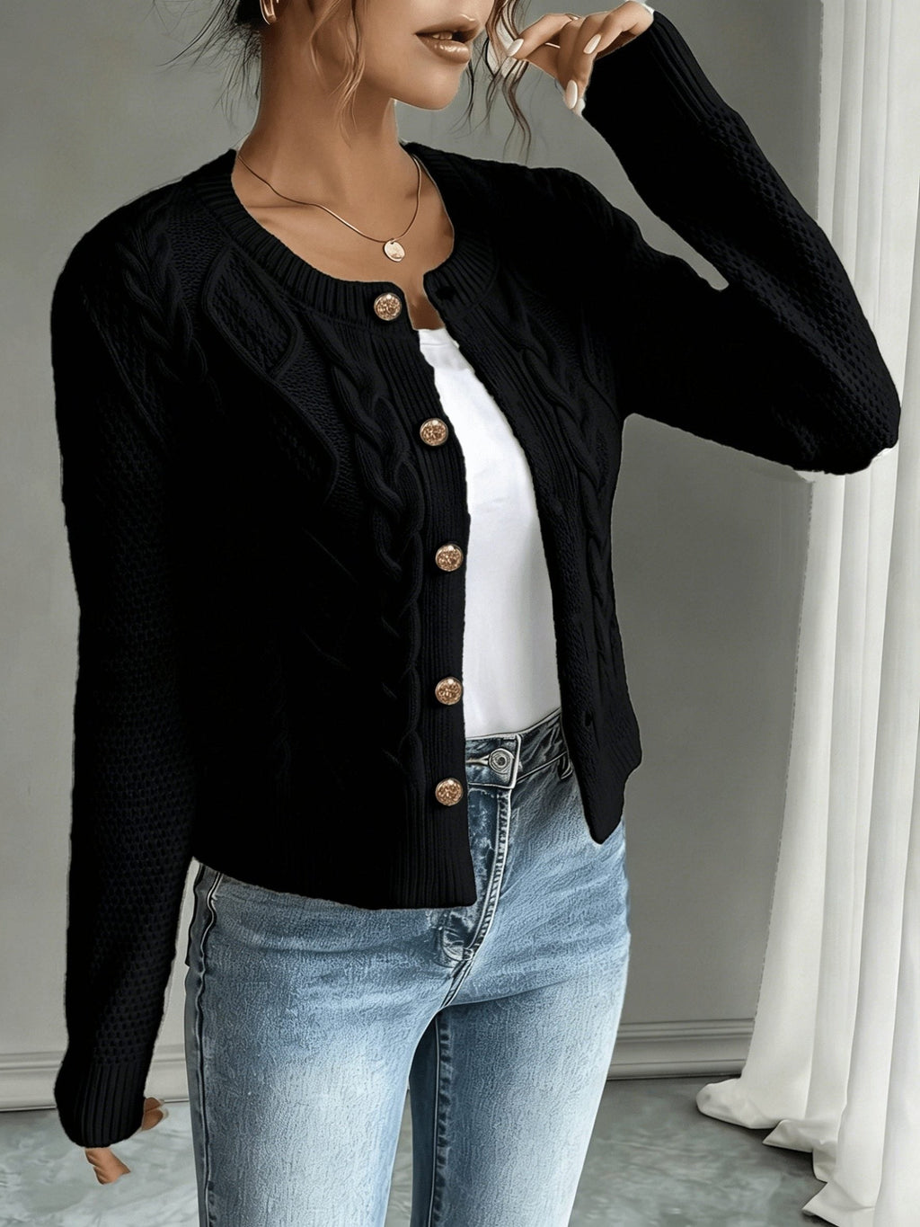 Women's Short Textured Cable Cardigan with Statement Buttons