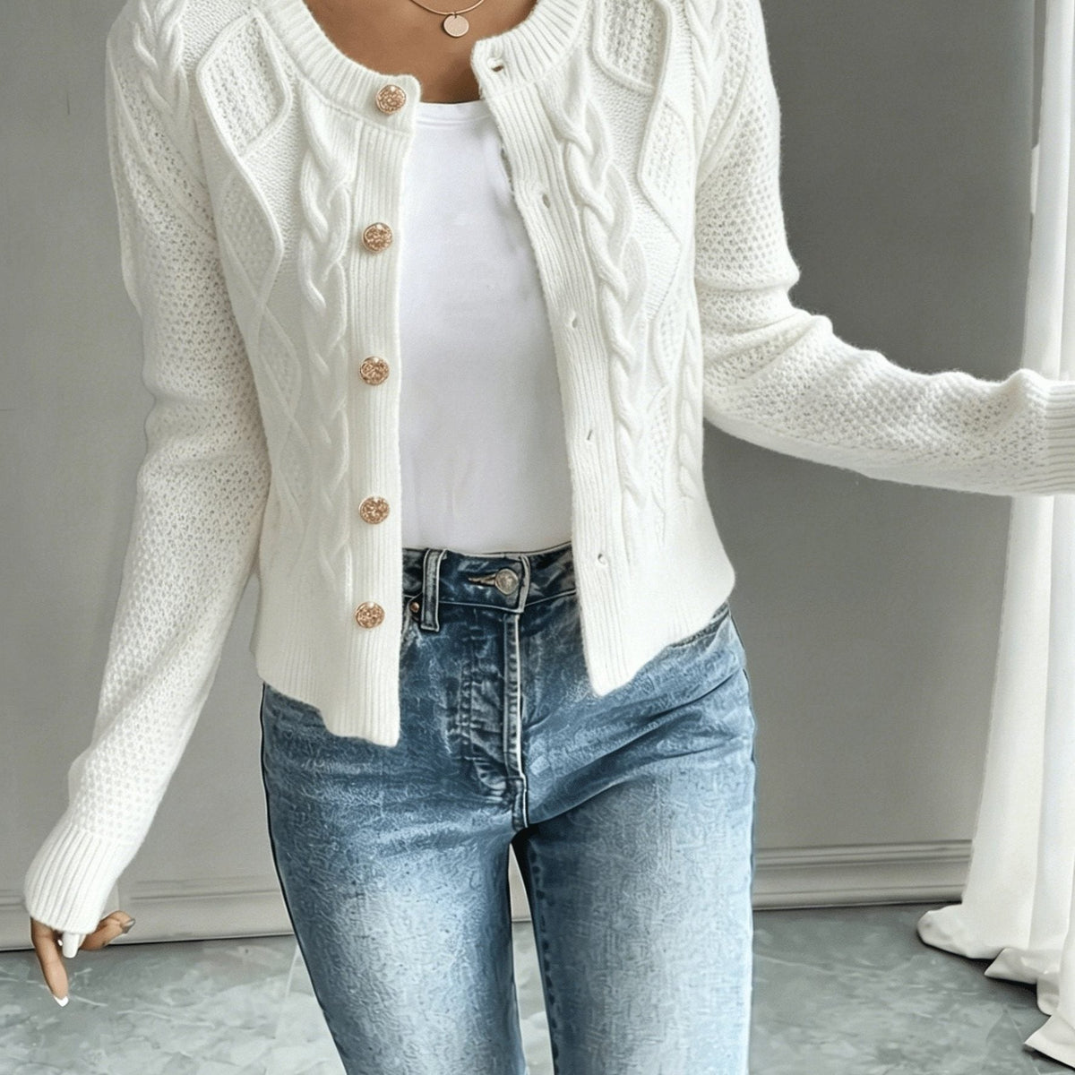 Women's Short Textured Cable Cardigan with Statement Buttons - White