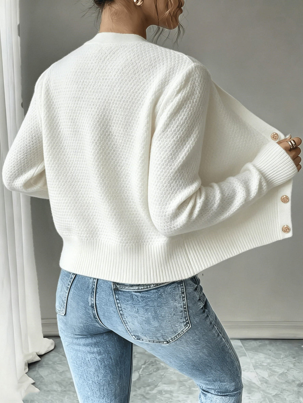 Women's Short Textured Cable Cardigan with Statement Buttons