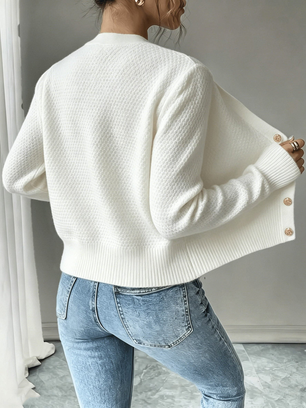 Women's Short Textured Cable Cardigan with Statement Buttons