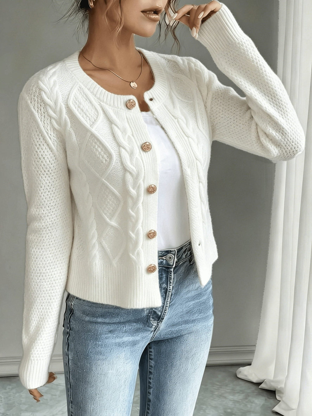 Women's Short Textured Cable Cardigan with Statement Buttons