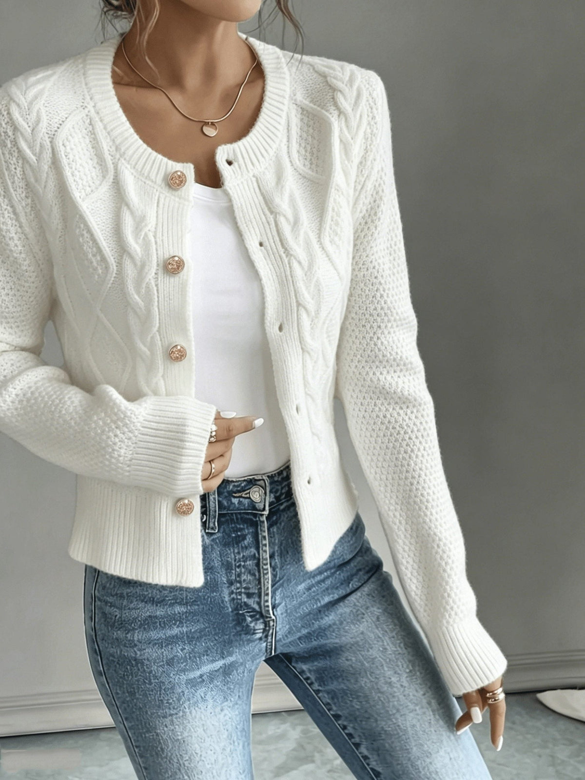 Women's Short Textured Cable Cardigan with Statement Buttons