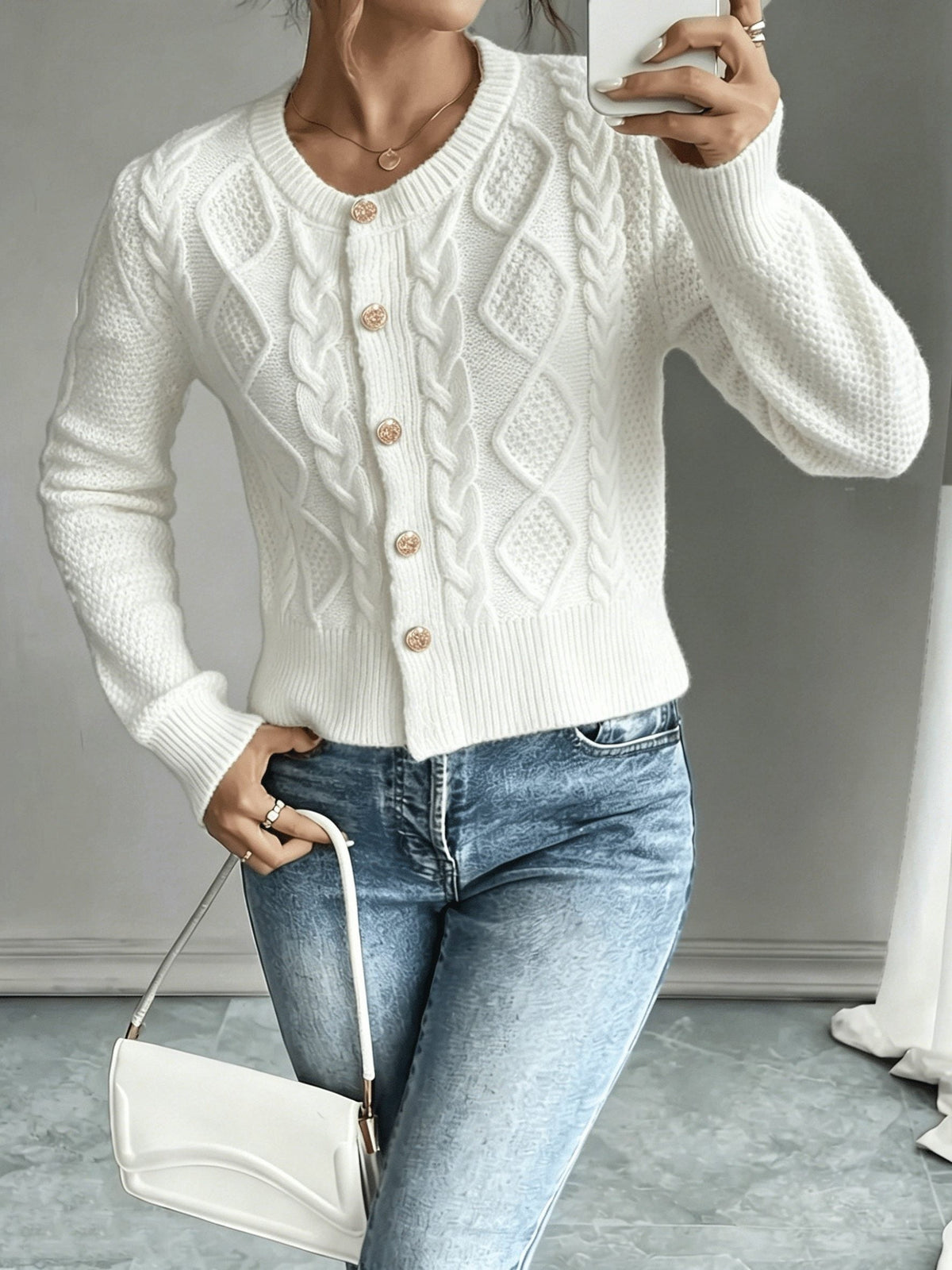 Women's Short Textured Cable Cardigan with Statement Buttons