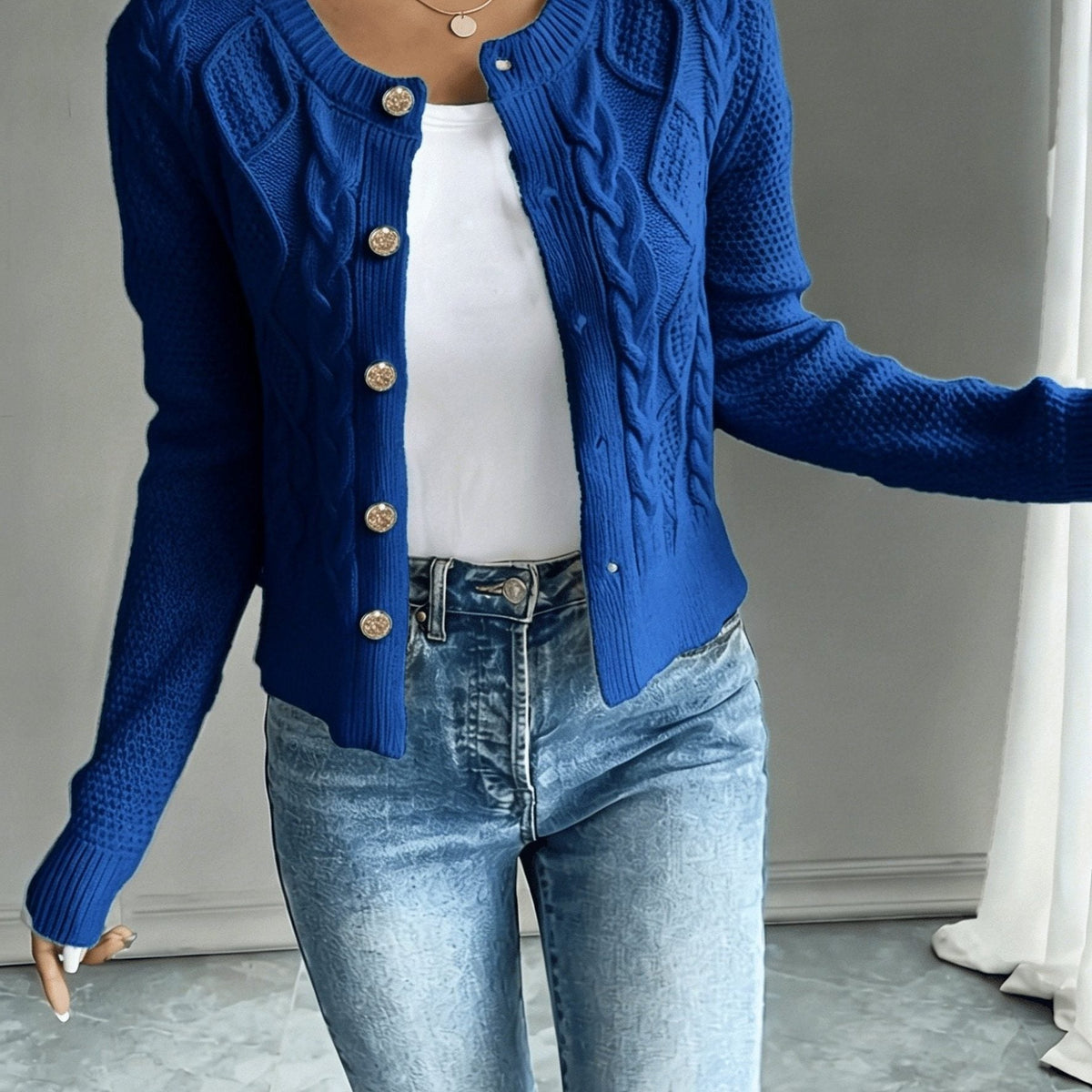 Women's Short Textured Cable Cardigan with Statement Buttons - Blue