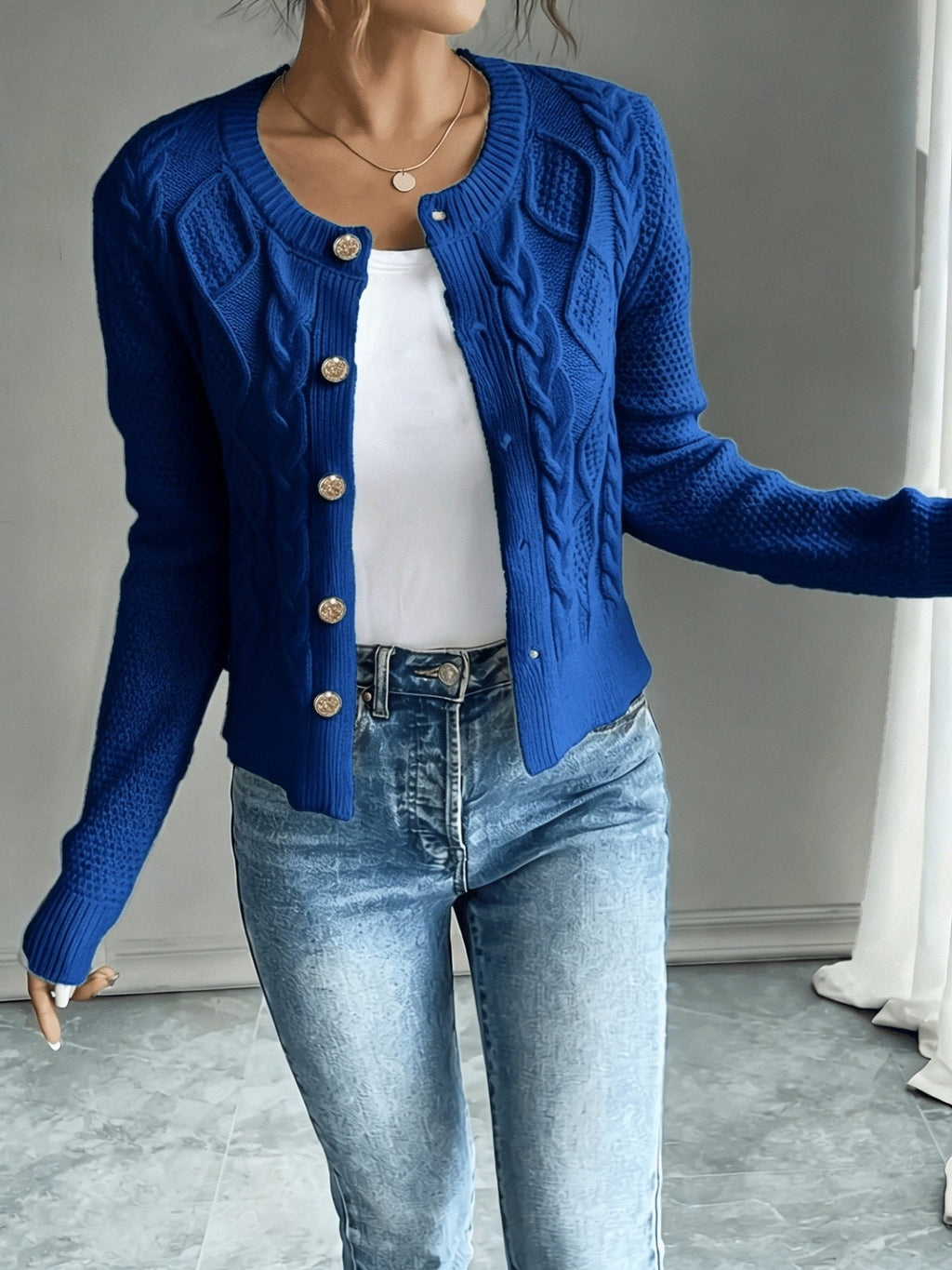 Women's Short Textured Cable Cardigan with Statement Buttons