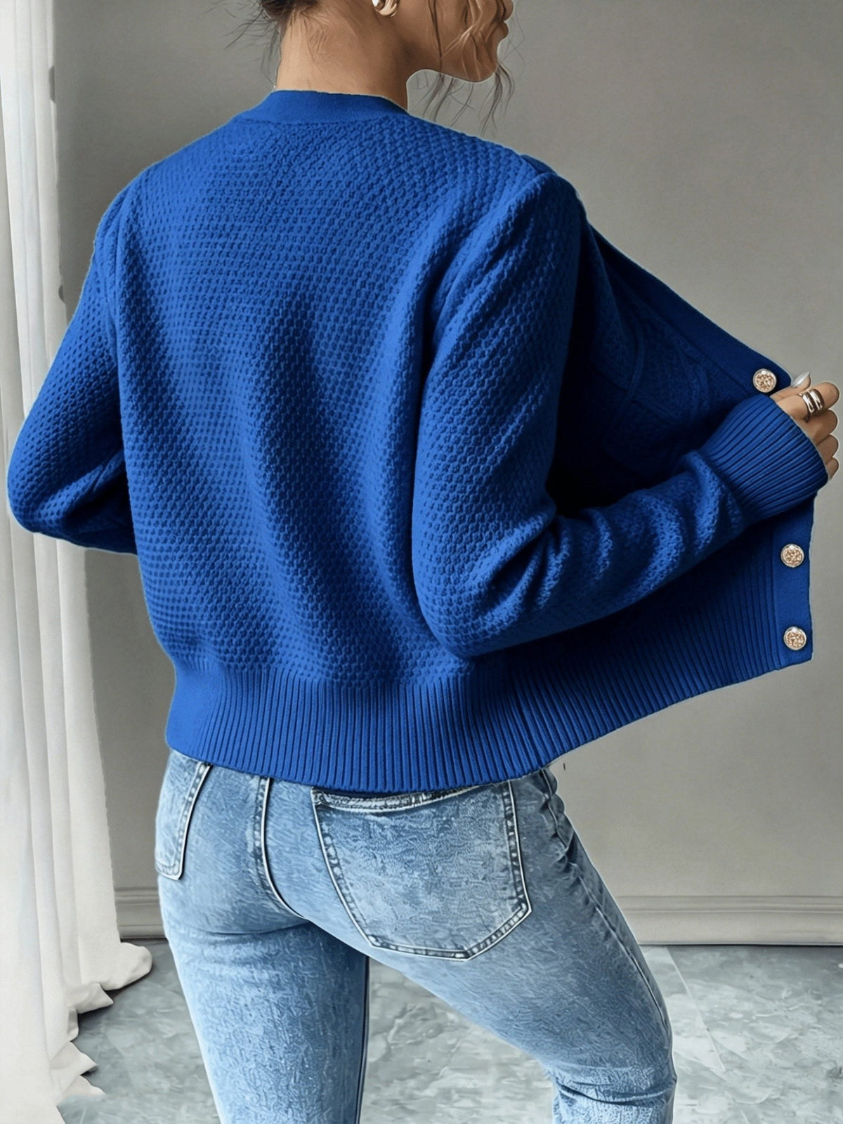 Women's Short Textured Cable Cardigan with Statement Buttons