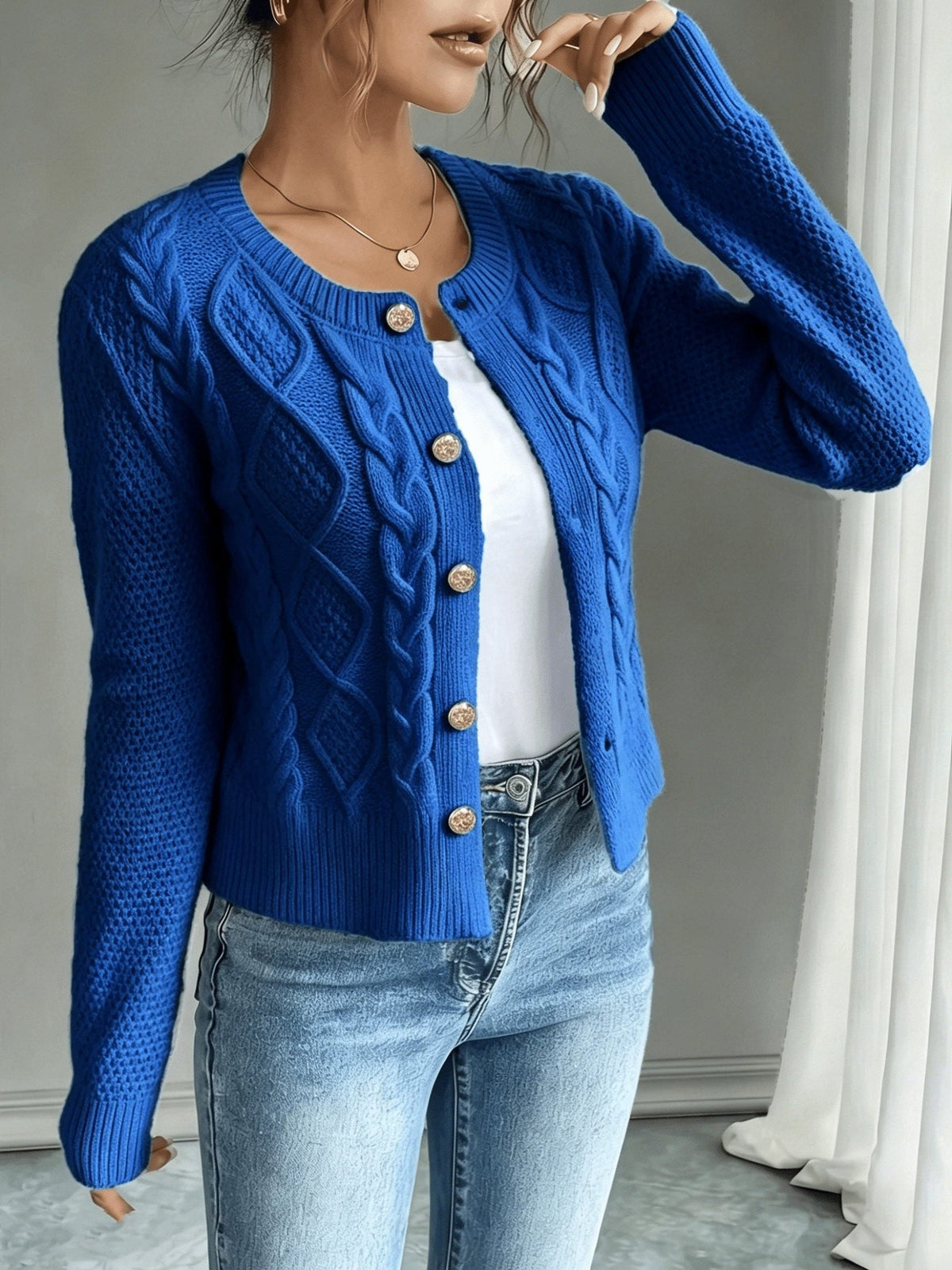 Women's Short Textured Cable Cardigan with Statement Buttons