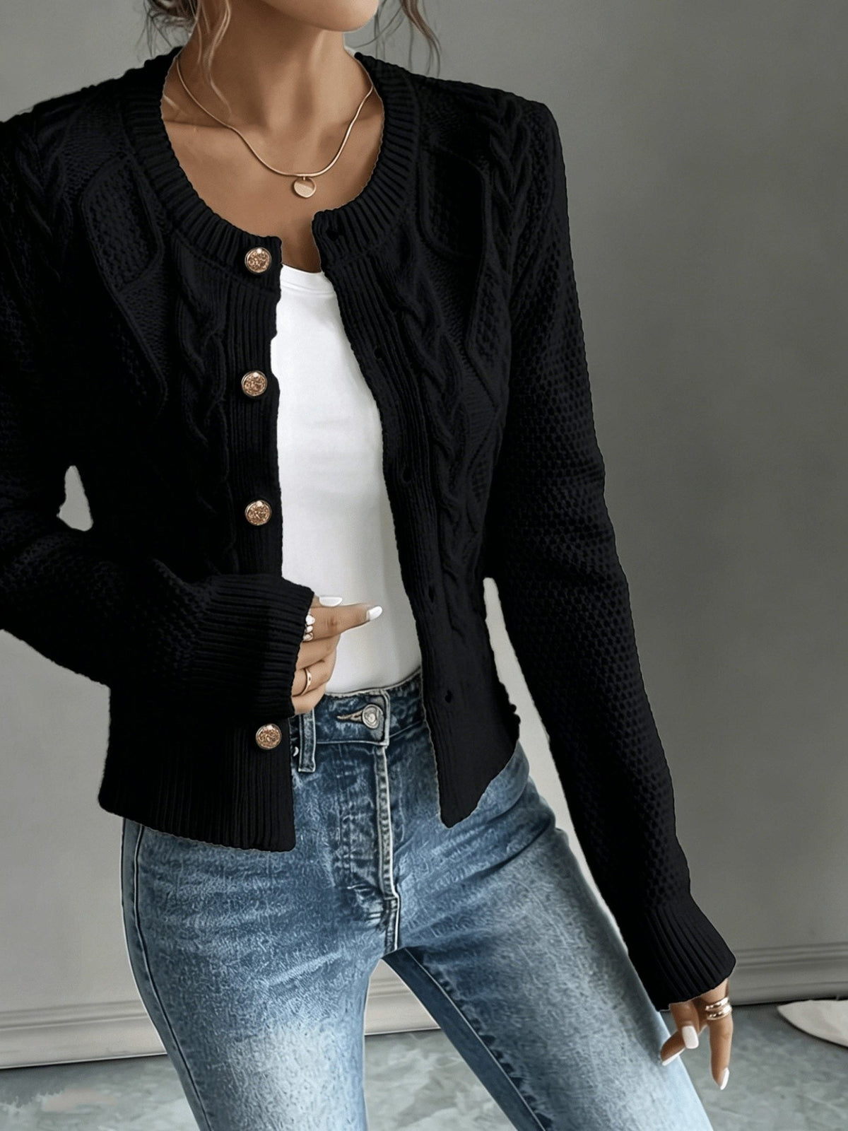 Women's Short Textured Cable Cardigan with Statement Buttons