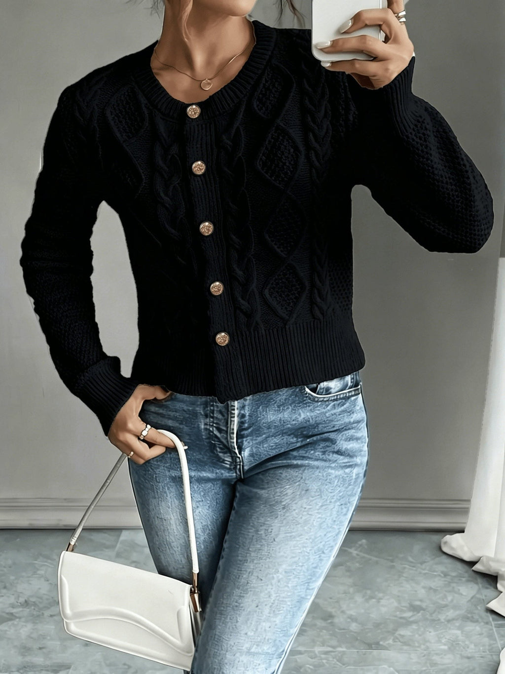 Women's Short Textured Cable Cardigan with Statement Buttons