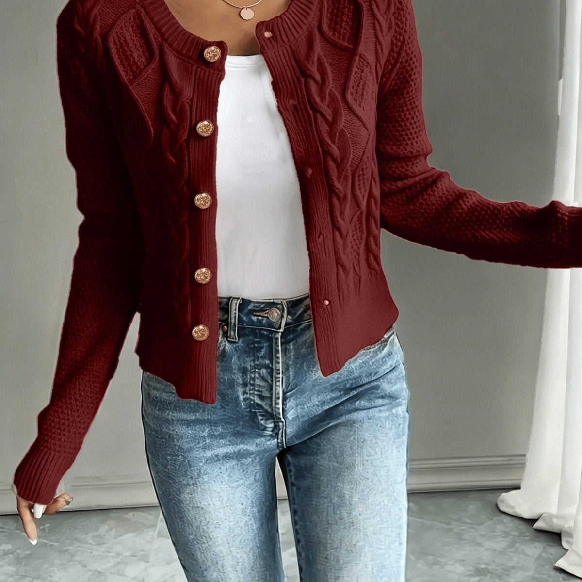 Women's Short Textured Cable Cardigan with Statement Buttons - Deep Red