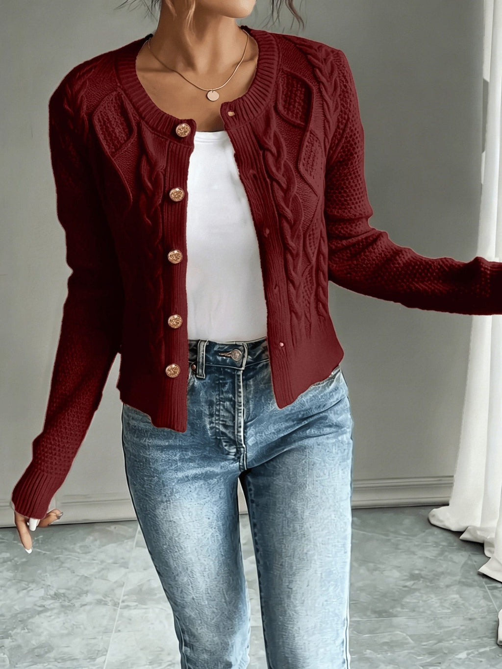 Women's Short Textured Cable Cardigan with Statement Buttons