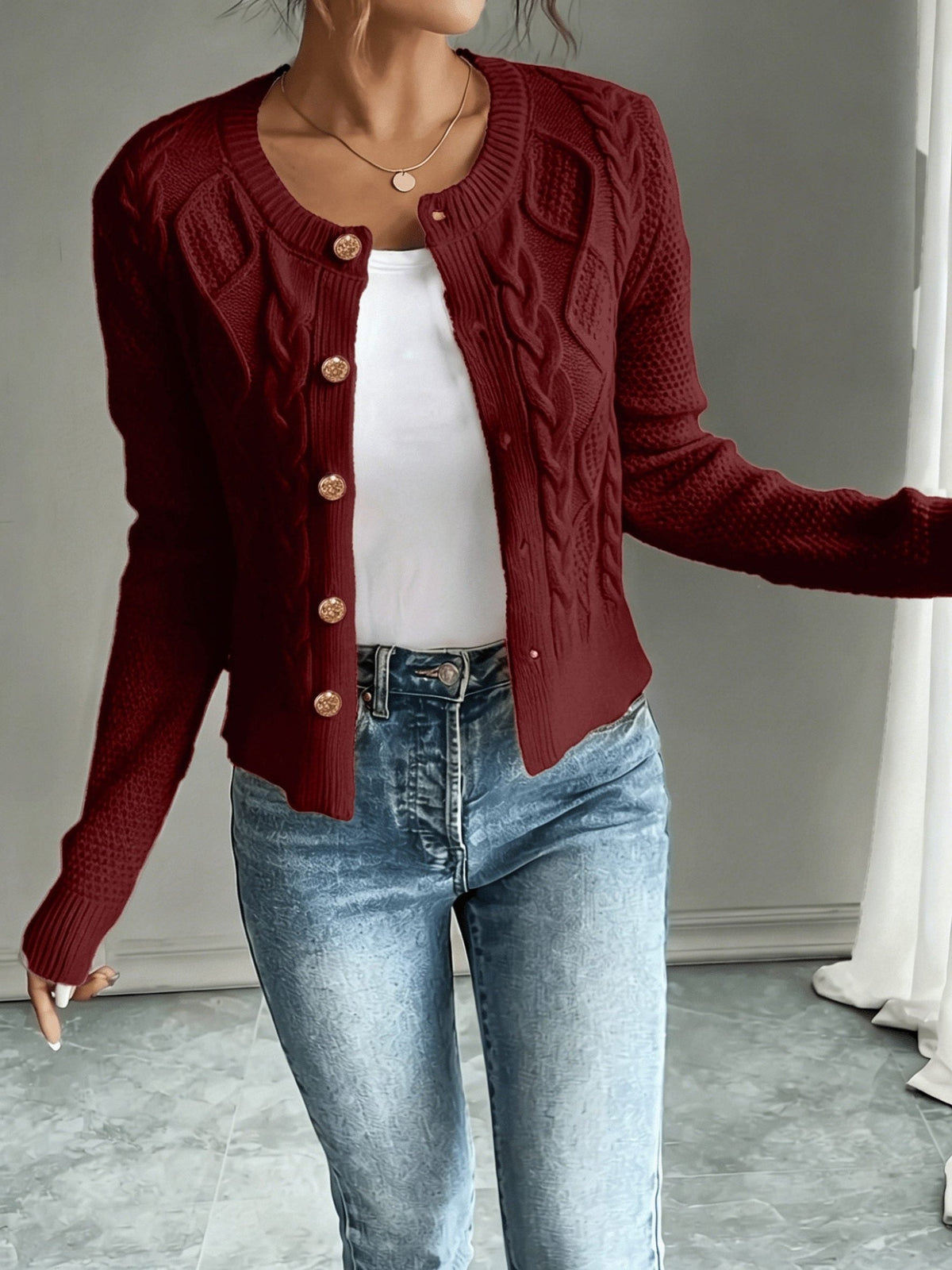Women's Short Textured Cable Cardigan with Statement Buttons