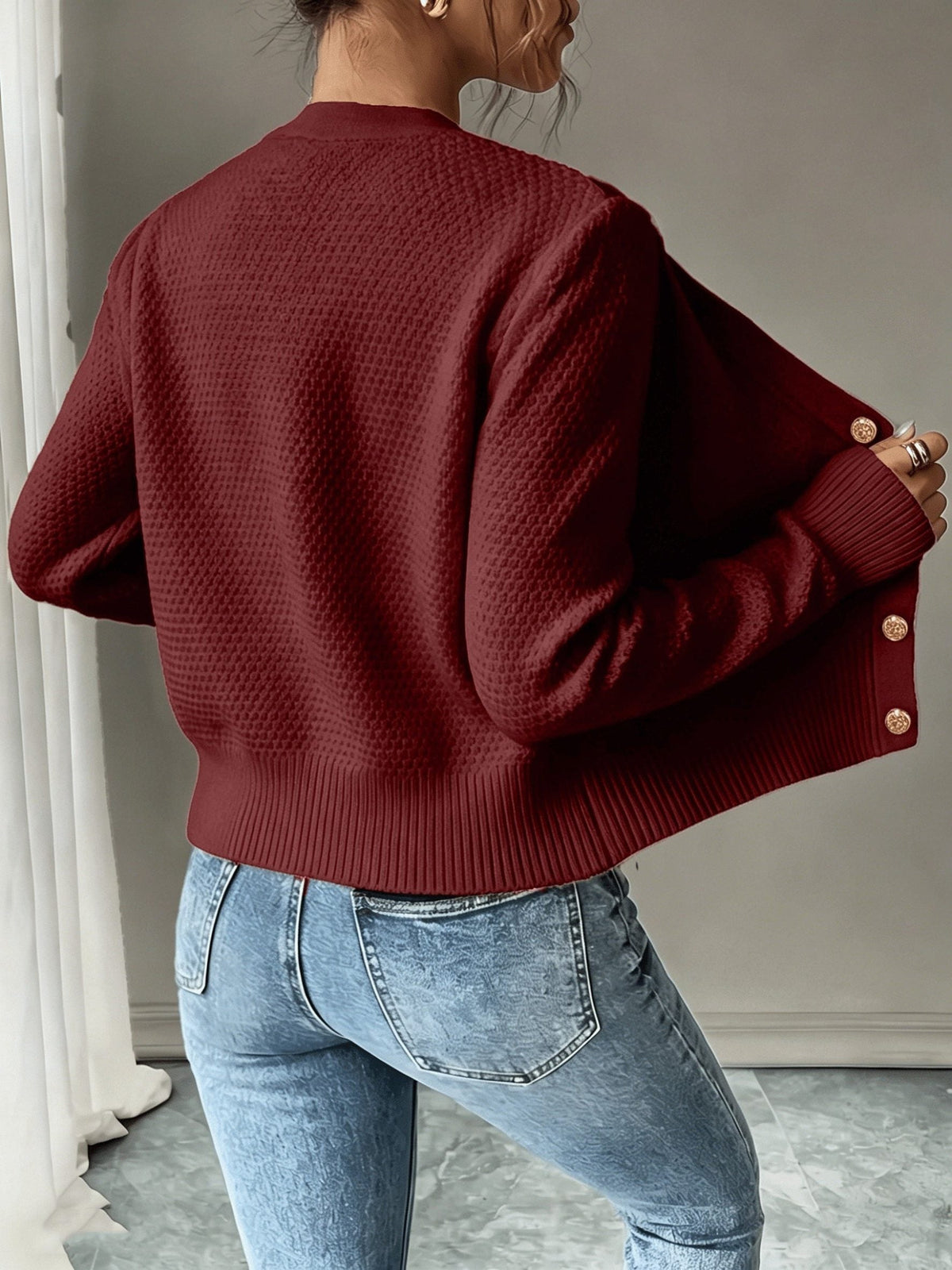 Women's Short Textured Cable Cardigan with Statement Buttons