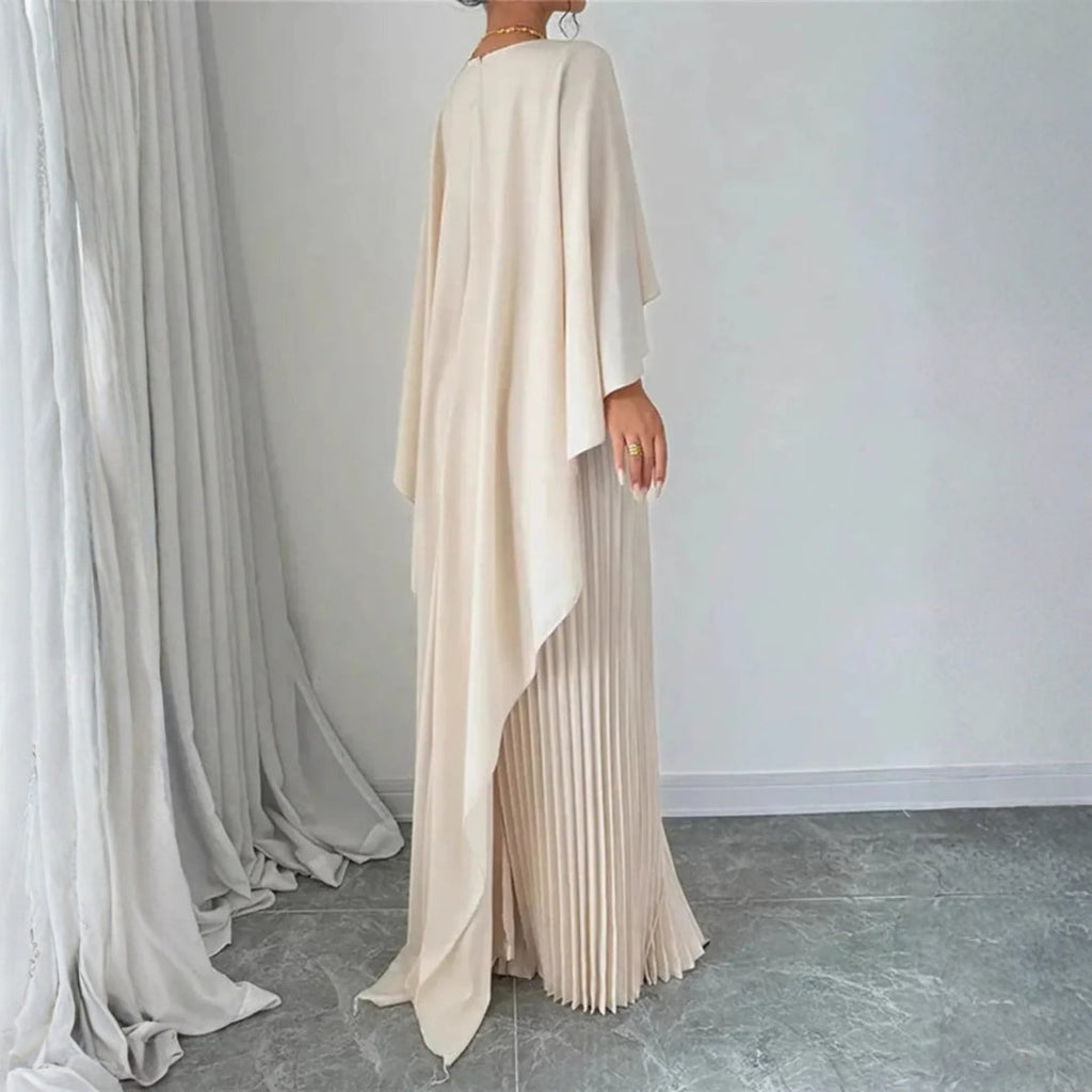 Women's Full-Length Pleated Evening Dress with Soft Cape Layer