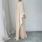 Women's Full-Length Pleated Evening Dress with Soft Cape Layer