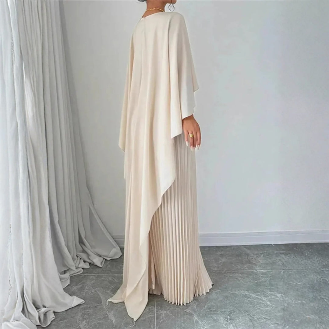 Women's Full-Length Pleated Evening Dress with Soft Cape Layer