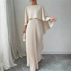 Women's Full-Length Pleated Evening Dress with Soft Cape Layer - Cream