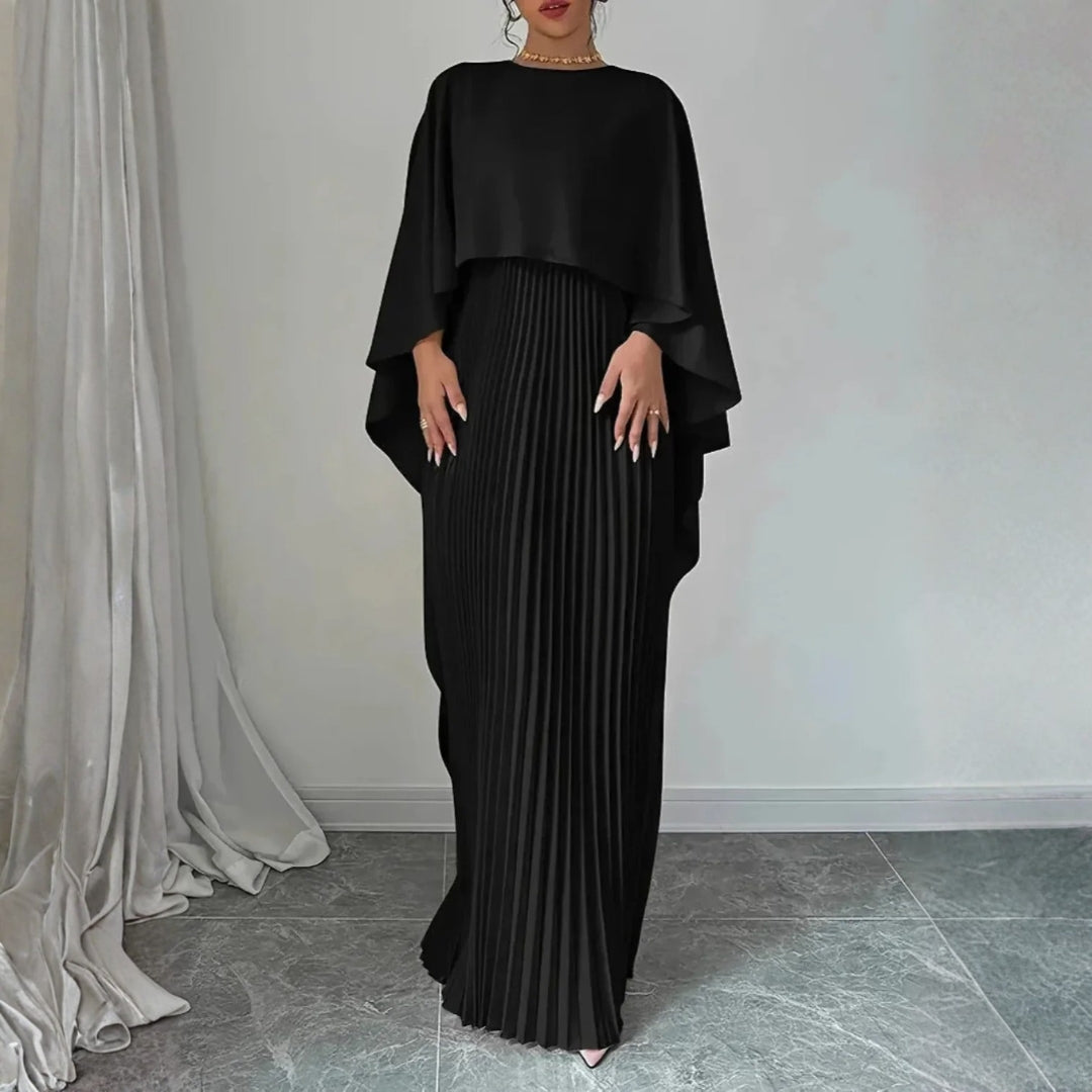 Women's Full-Length Pleated Evening Dress with Soft Cape Layer - Black