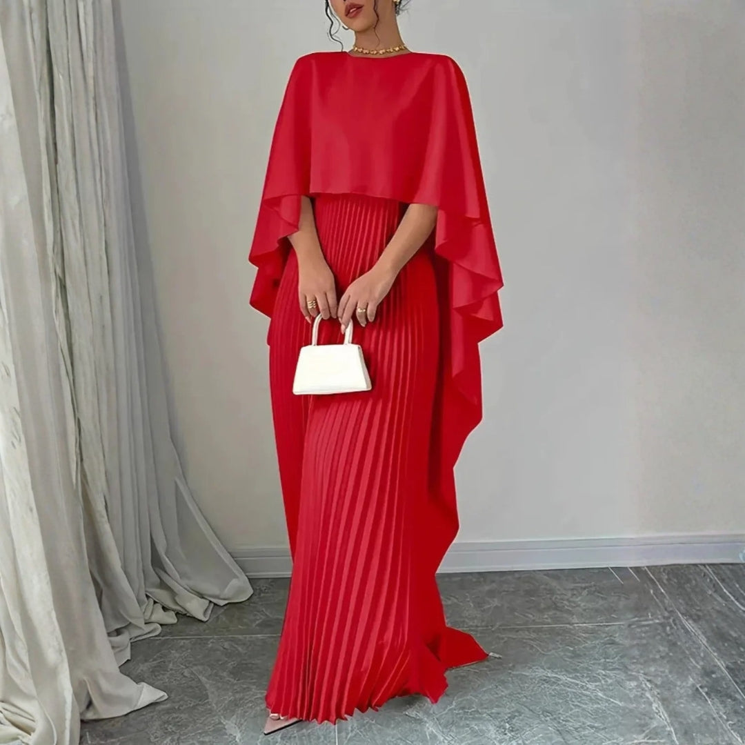 Women's Full-Length Pleated Evening Dress with Soft Cape Layer - Red