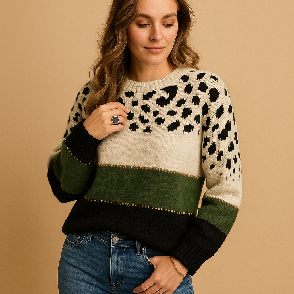 Women's Long-Sleeve Patterned Cotton Knit Crew Neck Jumper - Olive Green