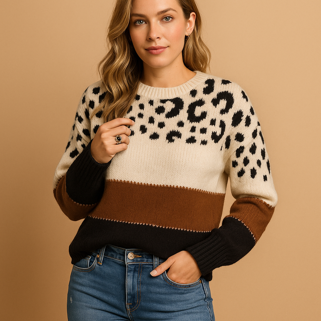 Women's Long-Sleeve Patterned Cotton Knit Crew Neck Jumper - Brown