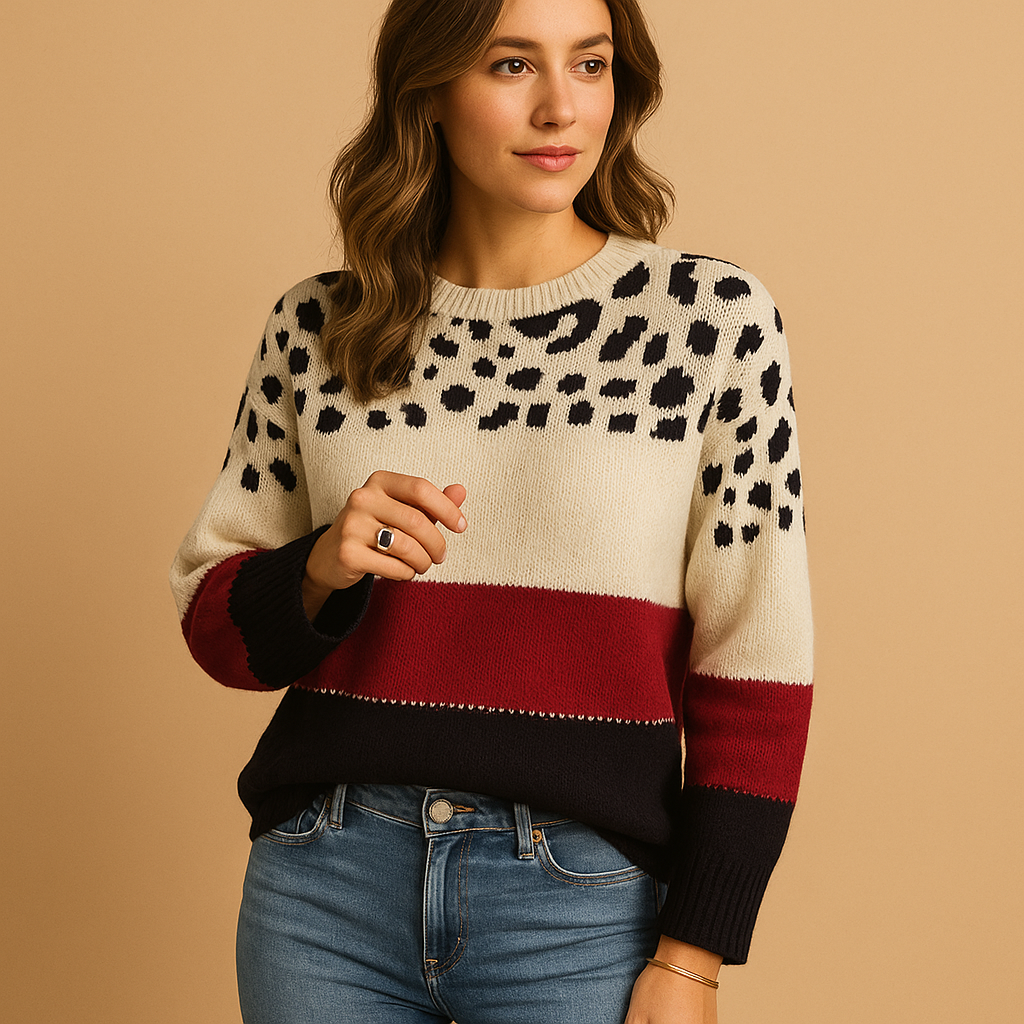 Women's Long-Sleeve Patterned Cotton Knit Crew Neck Jumper - Red