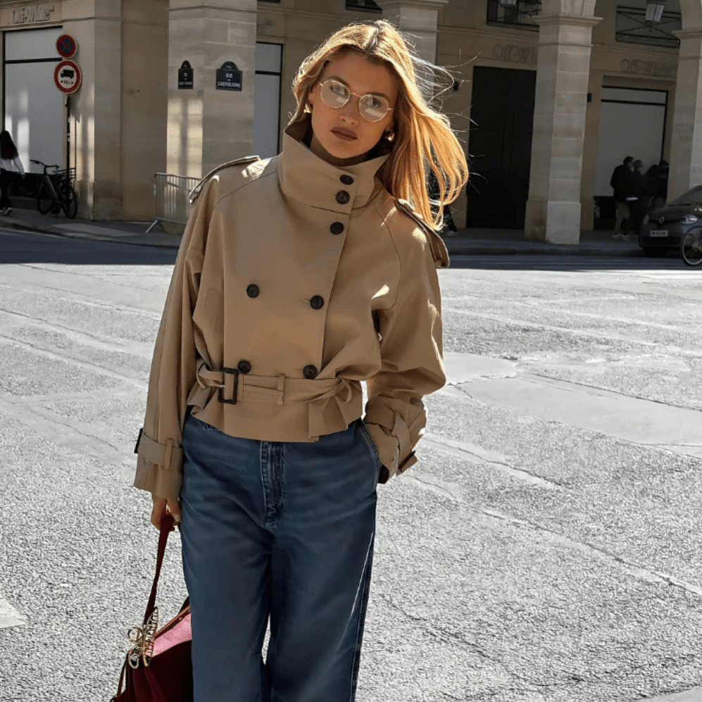 Women's Buckle-Belted Short Trench with Two-Row Buttons - Beige