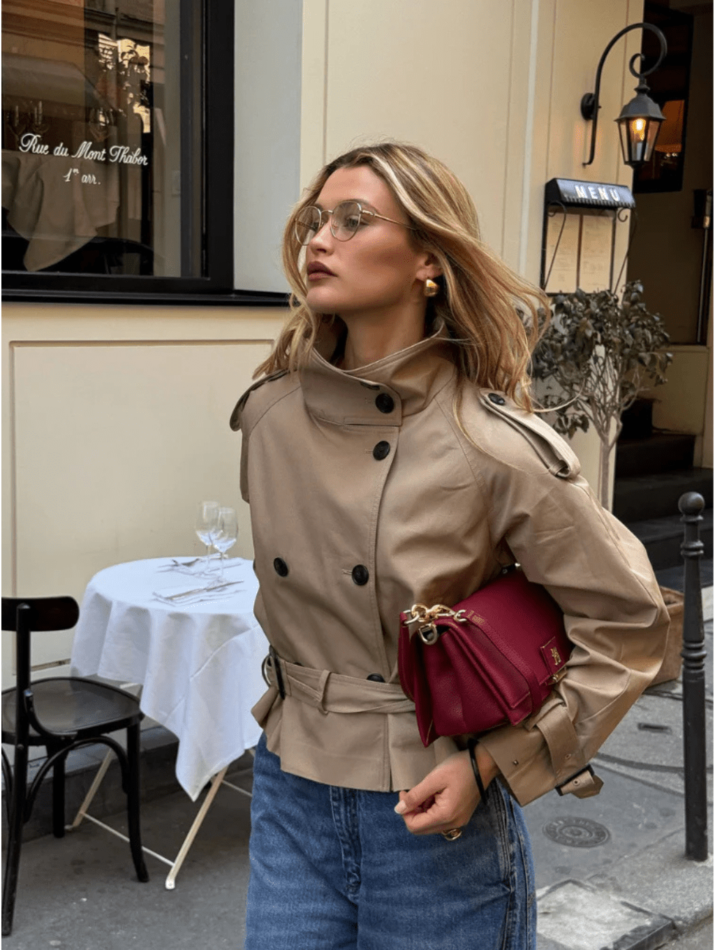 Women's Buckle-Belted Short Trench with Two-Row Buttons