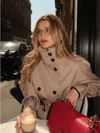Women's Buckle-Belted Short Trench with Two-Row Buttons