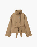 Women's Buckle-Belted Short Trench with Two-Row Buttons