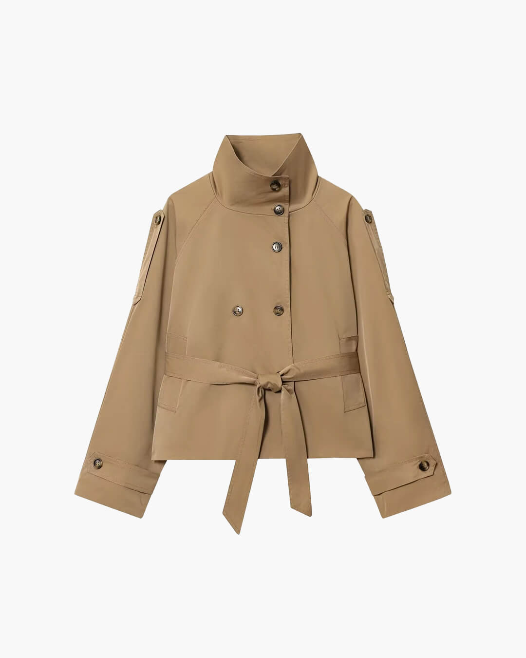Women's Buckle-Belted Short Trench with Two-Row Buttons
