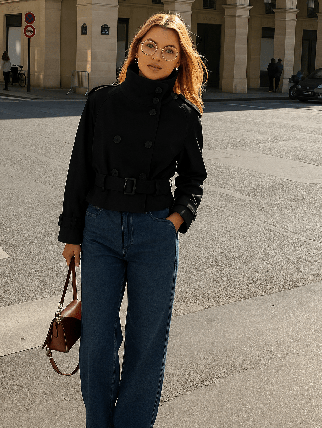 Women's Buckle-Belted Short Trench with Two-Row Buttons - Black