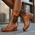 Women's Stud-Edge Leather Lace-Up Ankle Boots with Low Block Heel - Brown