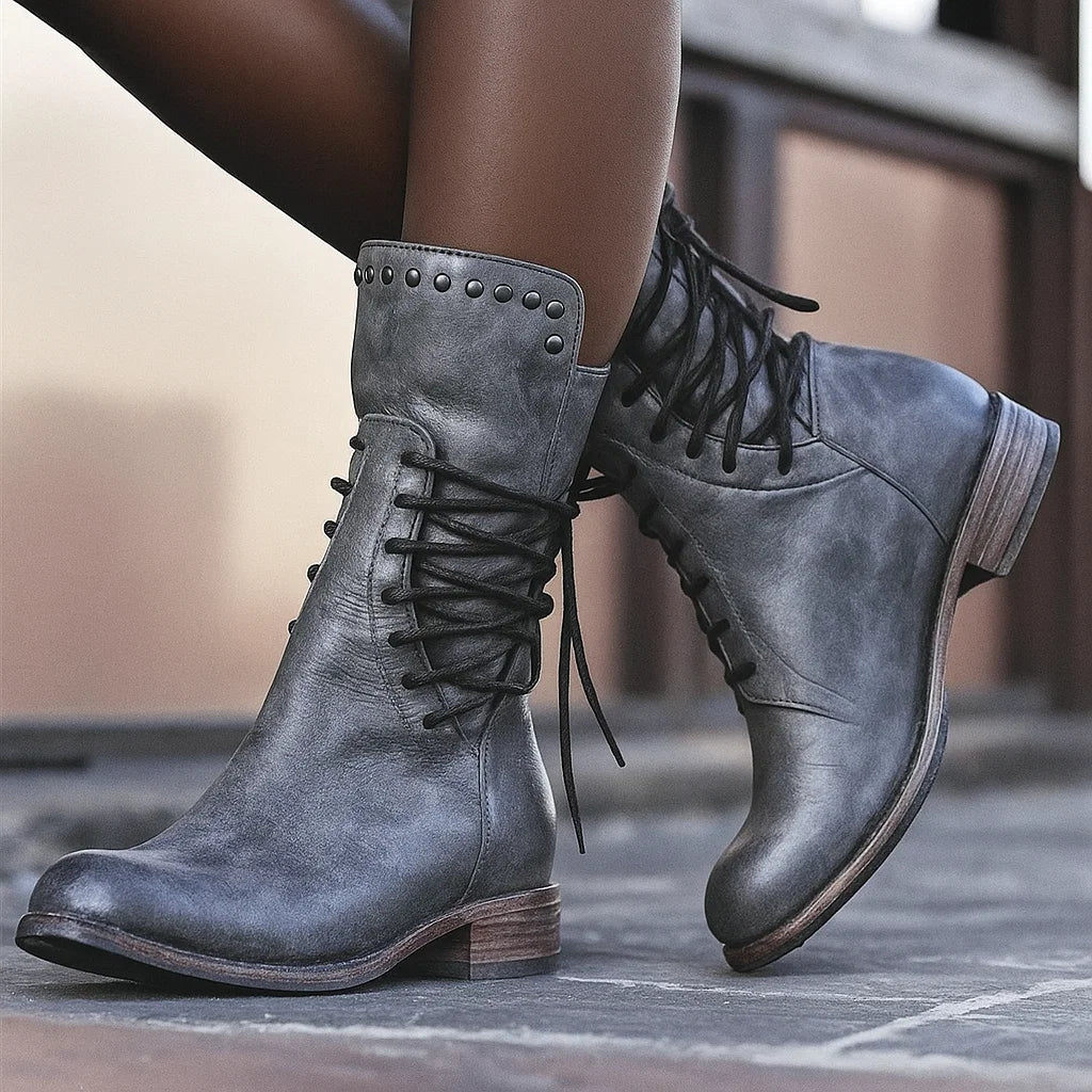 Women's Stud-Edge Leather Lace-Up Ankle Boots with Low Block Heel - Grey