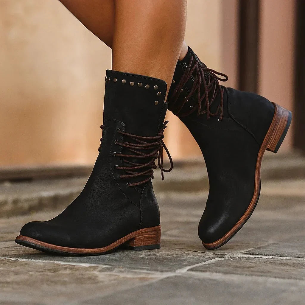 Women's Stud-Edge Leather Lace-Up Ankle Boots with Low Block Heel - Black