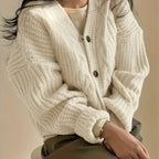 Women's Dropped-Shoulder Thick Knit Cardigan with Button Front - Apricot