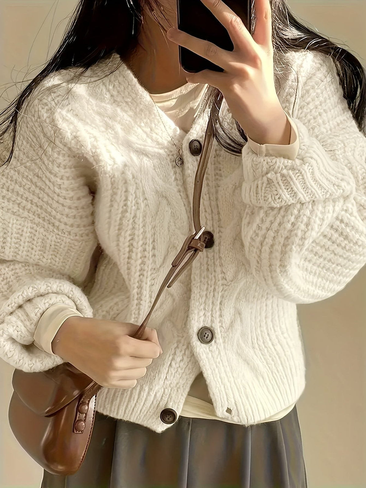 Women's Dropped-Shoulder Thick Knit Cardigan with Button Front