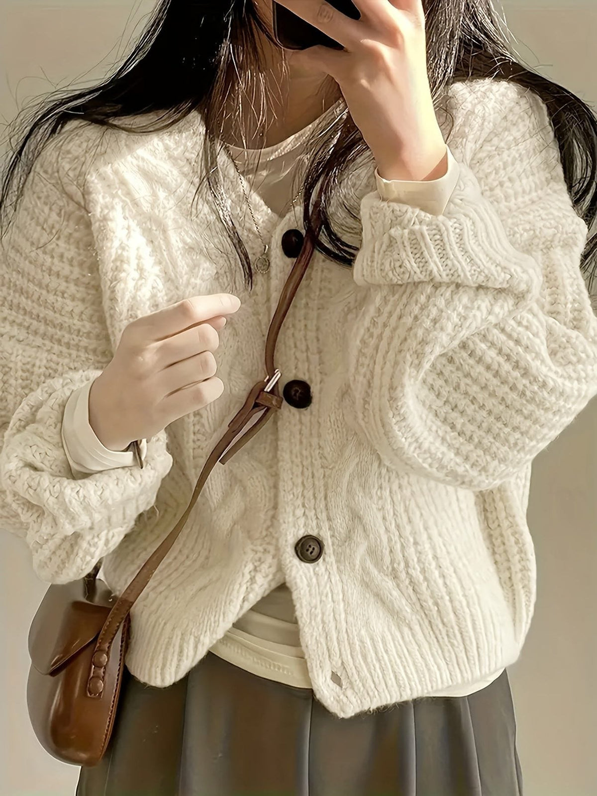 Women's Dropped-Shoulder Thick Knit Cardigan with Button Front
